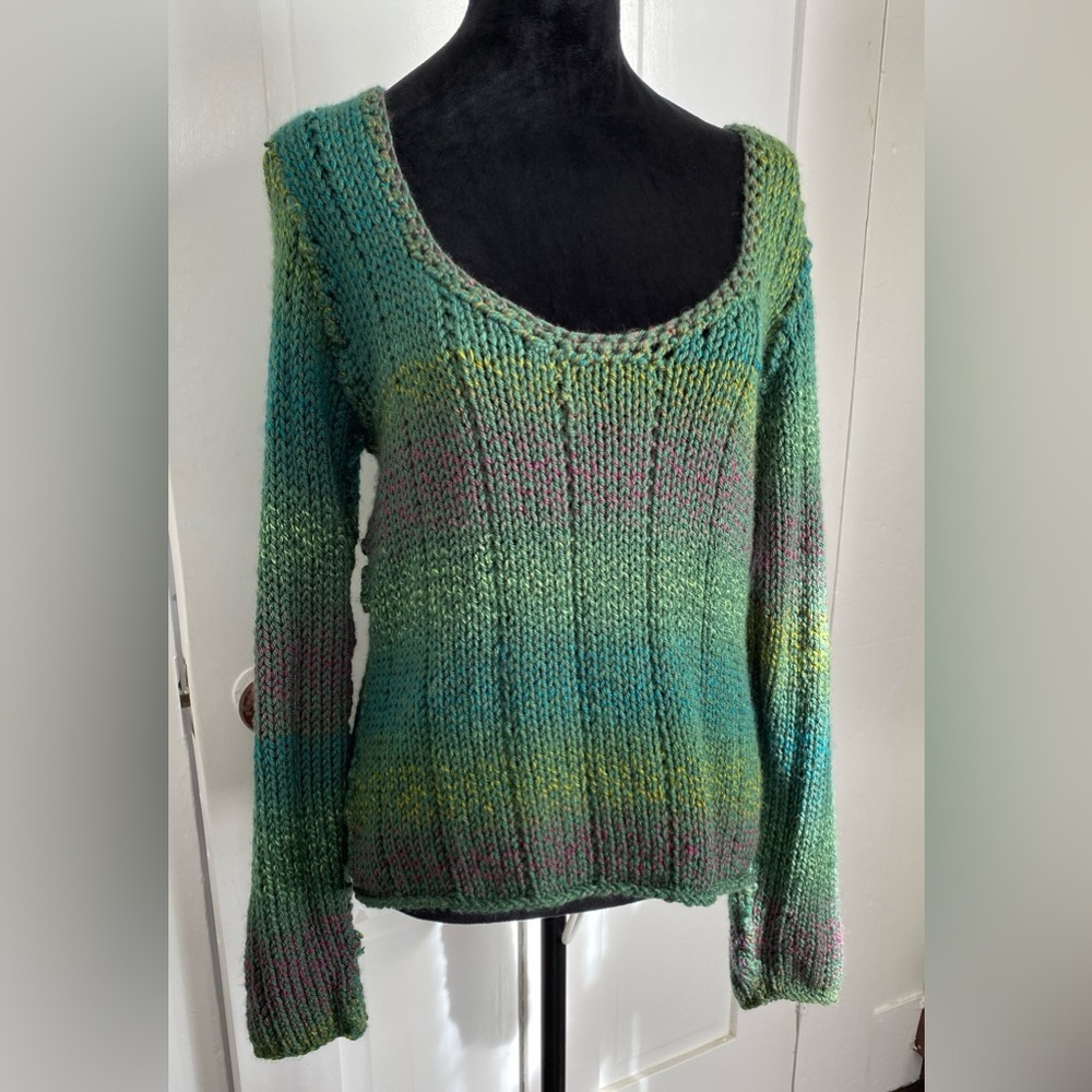 Handmade Knit Sweater Green Multicolor Chunky Knit Boho Cottagecore Pullover
